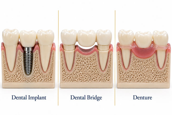 Cross-section diagram comparing a dental implant, dental bridge, and denture as options for replacing a missing tooth