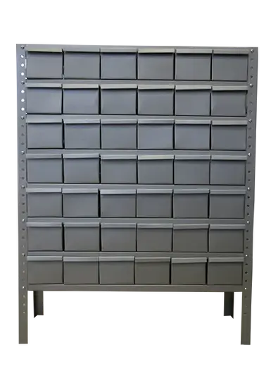 Mueble tornillero metálico gris visto de frente con compartimentos para tornillos, tuercas y suministros industriales.