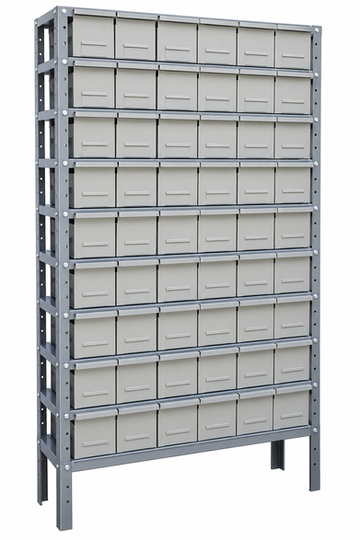 Mueble tornillero industrial alto con múltiples filas de gavetas metálicas grises y estructura de almacenamiento vertical.