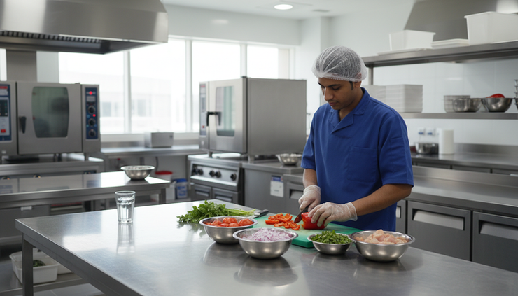 Eye-level view of a food worker wearing gloves in a clean preparation area