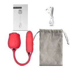 Thumbnail: 10-Speed Red Color Silicone Clitoral Sucking Rose with Thrusting Vibrator