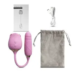 Thumbnail: 10-Speed Pink Color Silicone Clitoral Sucking Rose with Thrusting Vibrator