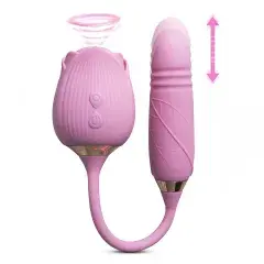 Thumbnail: 10-Speed Pink Color Silicone Clitoral Sucking Rose with Thrusting Vibrator
