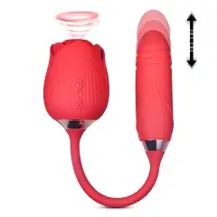 Thumbnail: 10-Speed Red Color Silicone Clitoral Sucking Rose with Thrusting Vibrator