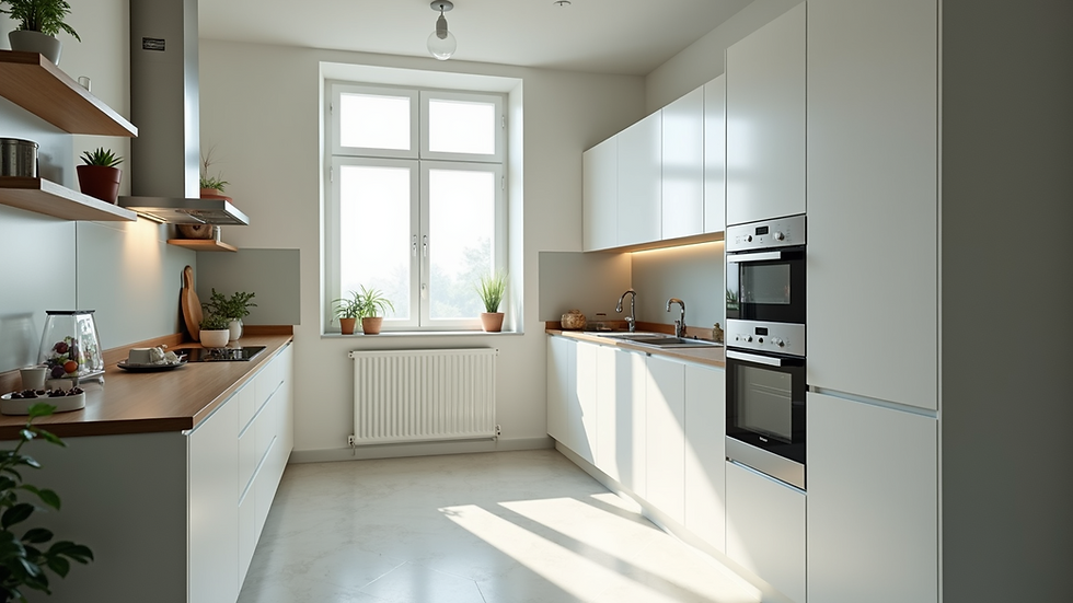 High angle view of a clean kitchen with modern appliances