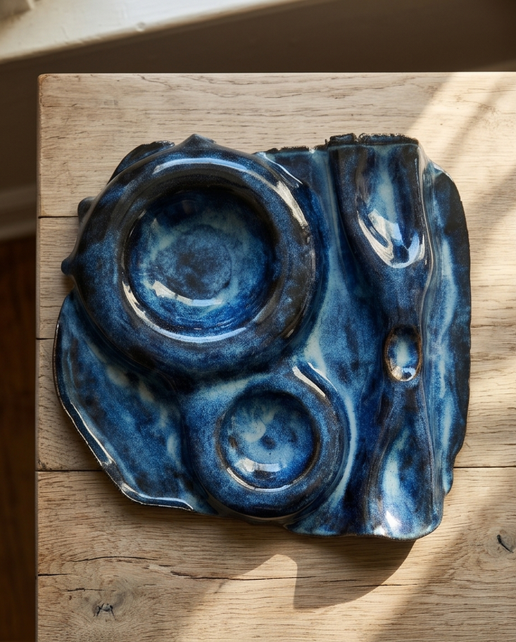 Drapéro XL Enzian handmade blue ceramic serving platter with sculptural draped shape, dip areas and condiment grooves.