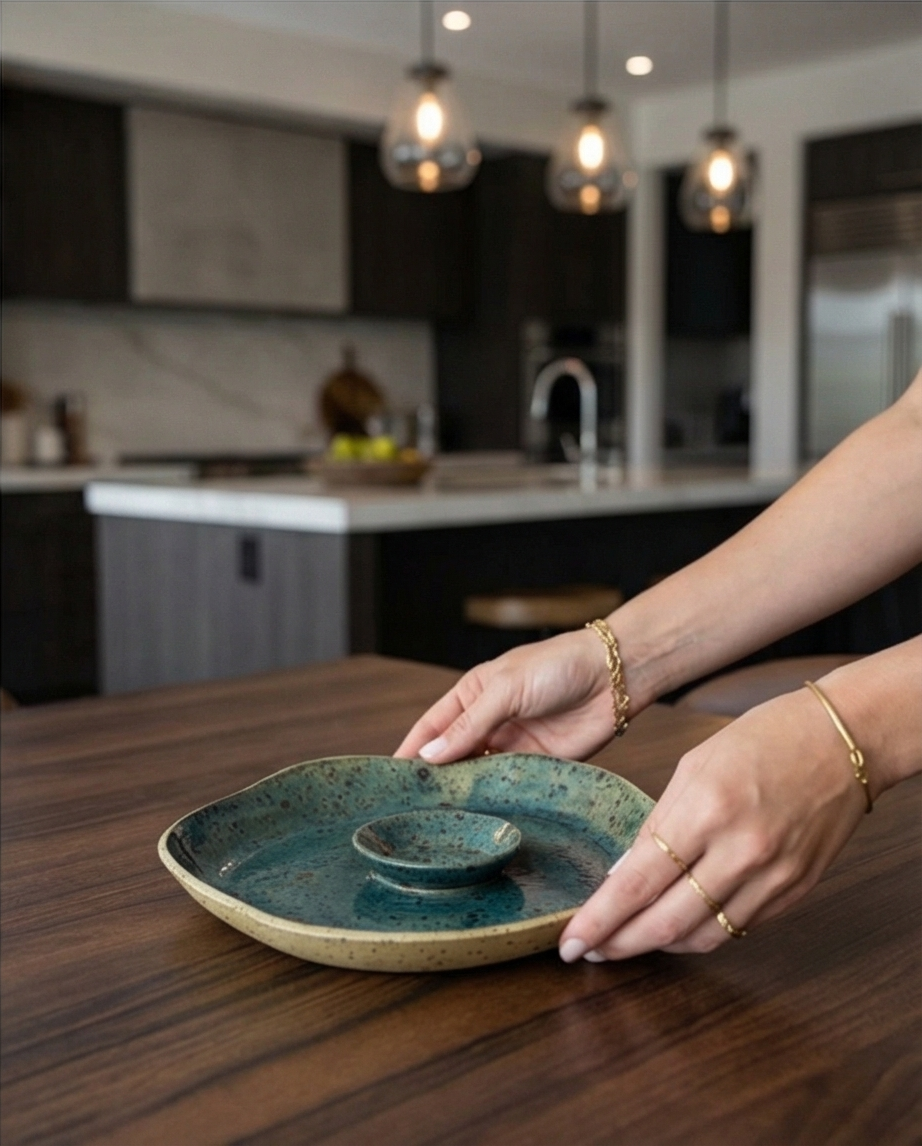 Feminine hands setting a handmade ceramic serving plate on an elegant table