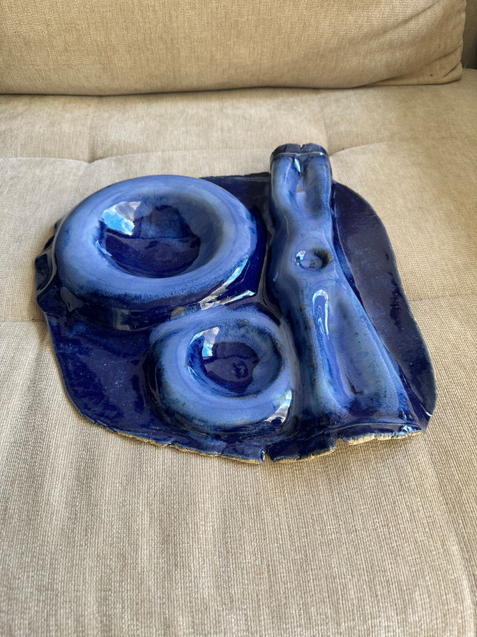 Drapéro XL Milky handmade night blue ceramic serving platter with sculptural draped shape, milky glaze veil, dip areas and co