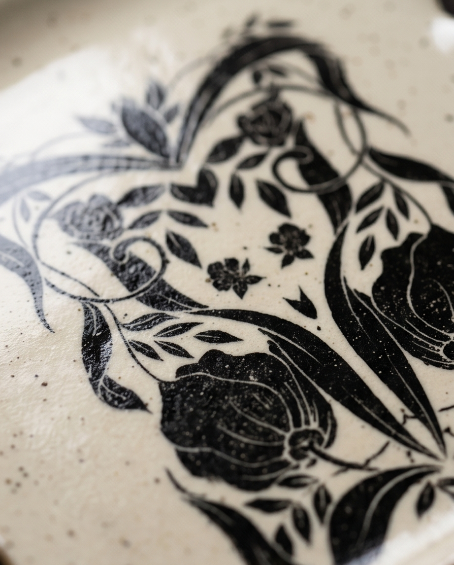 Duo d’assiettes en forme de toast en grès blanc moucheté avec motifs noirs inspirés de l’Art nouveau.