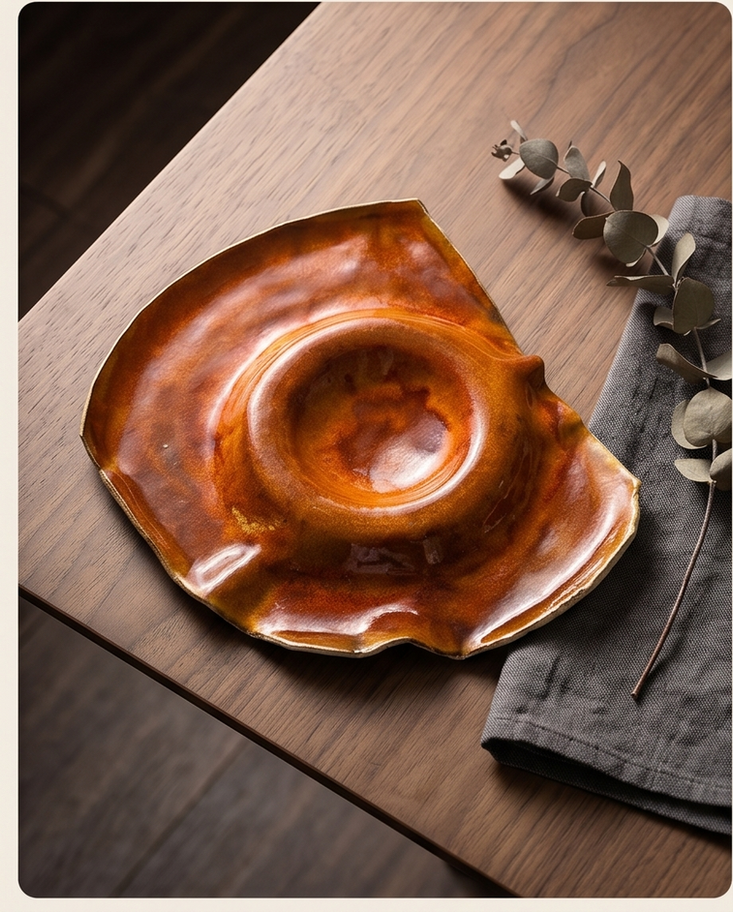 Large handmade ceramic chip and dip platter in glossy copper orange glaze with central dip bowl