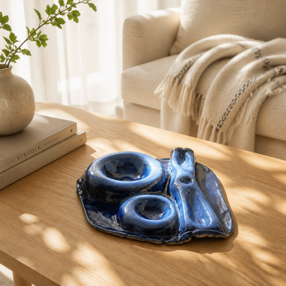 Drapéro XL Milky handmade night blue ceramic serving platter with sculptural draped shape, milky glaze veil, dip areas and co