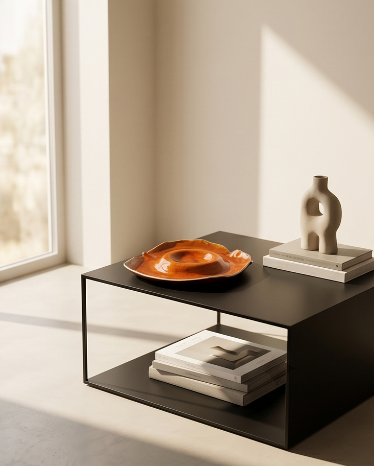 Large handmade ceramic chip and dip platter in glossy copper orange glaze with central dip bowl
