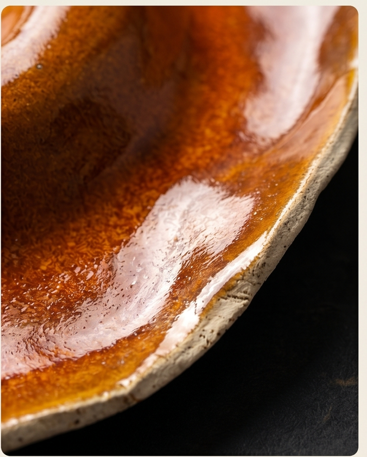 Large handmade ceramic chip and dip platter in glossy copper orange glaze with central dip bowl