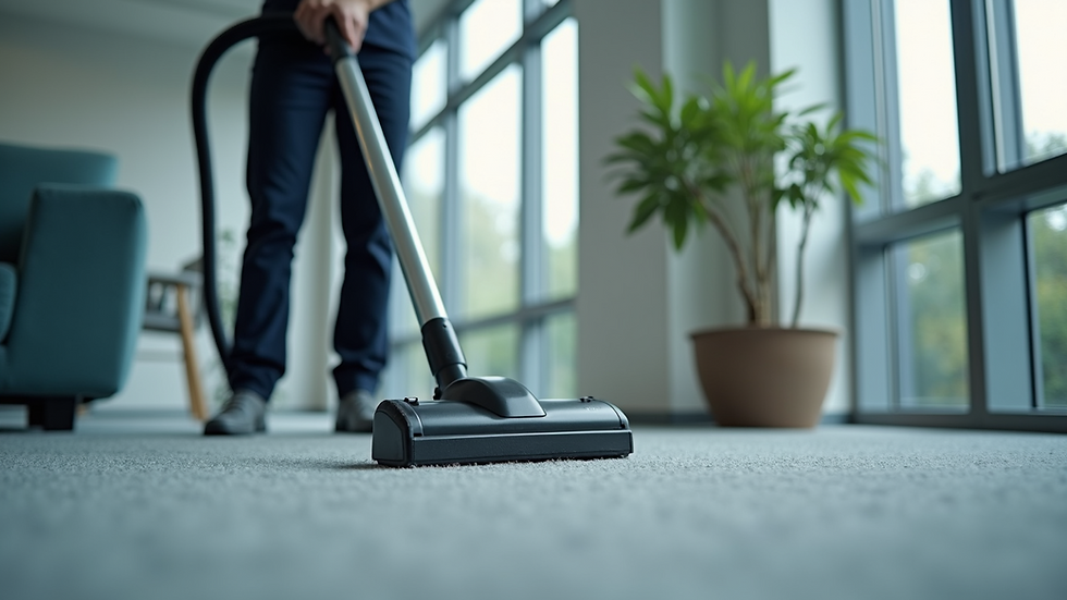 Eye-level view of a professional cleaner vacuuming a modern office carpet