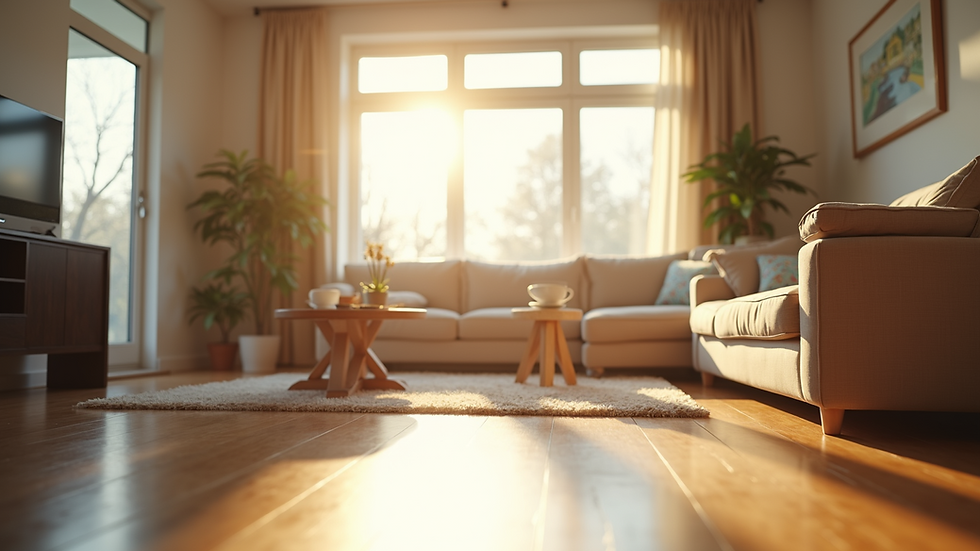 Eye-level view of a sparkling clean living room with sunlight streaming through windows