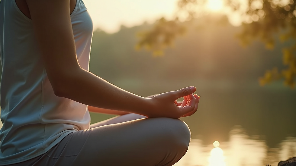 Close-up view of a person meditating in a serene environment