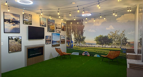 Indoor lounge for group lodging Soap Lake WA with turf.