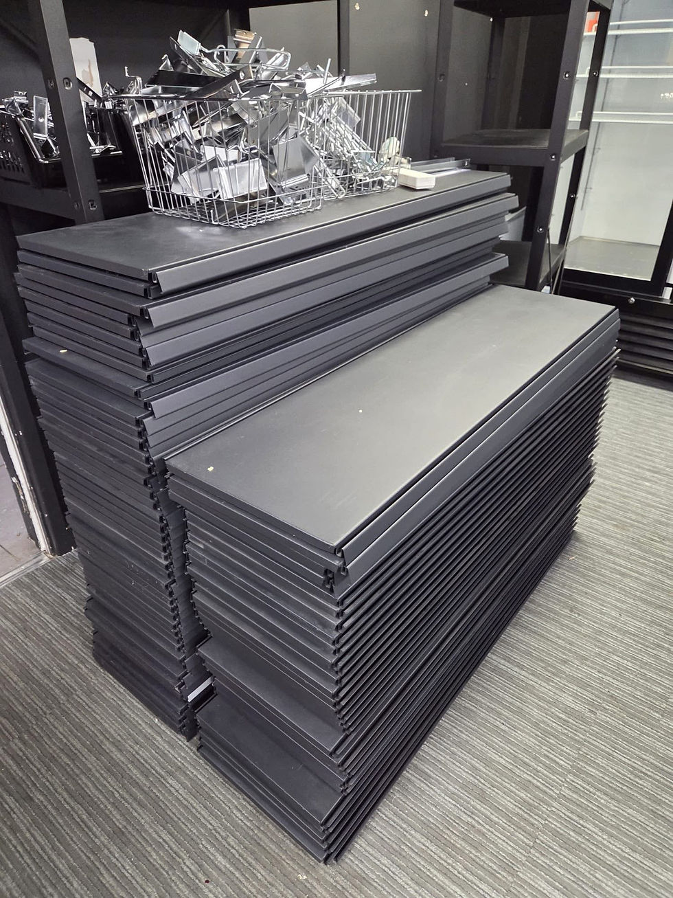 New & Used retail shelving available in 4 colours: Jura, Grey, Black and Graphite! Tegometal shelving available