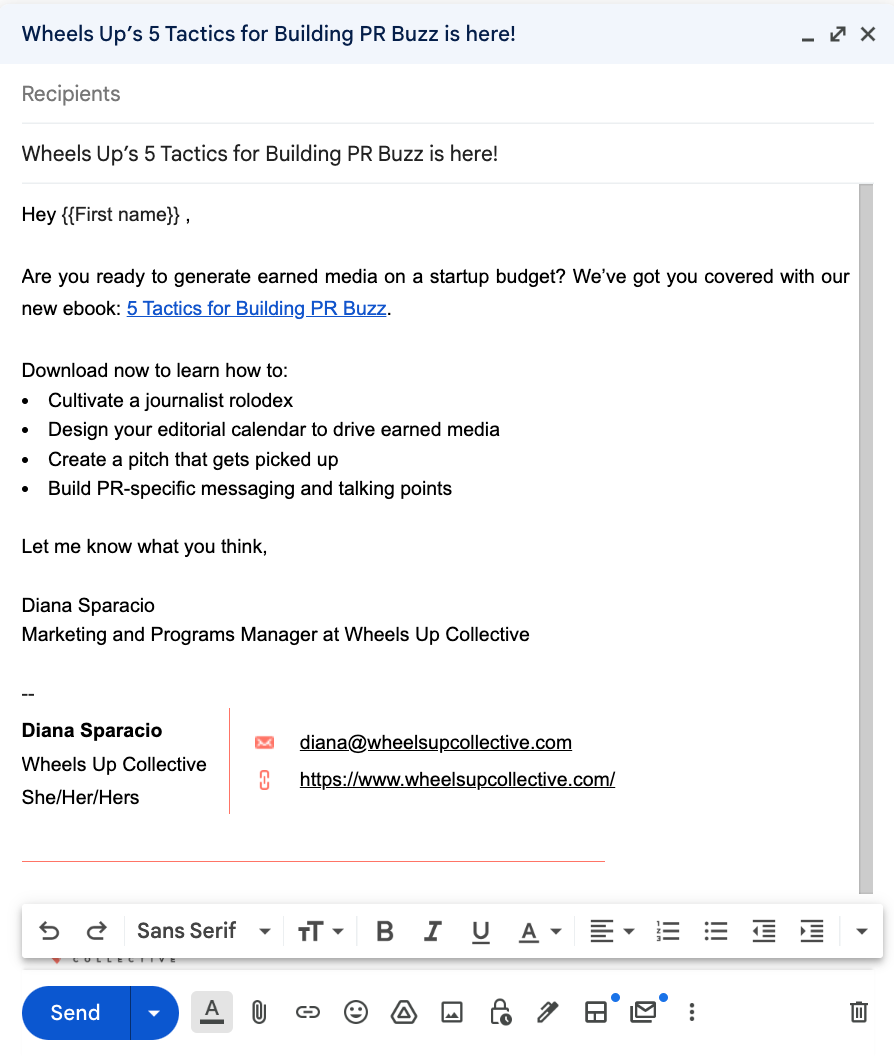 Screenshot of draft email