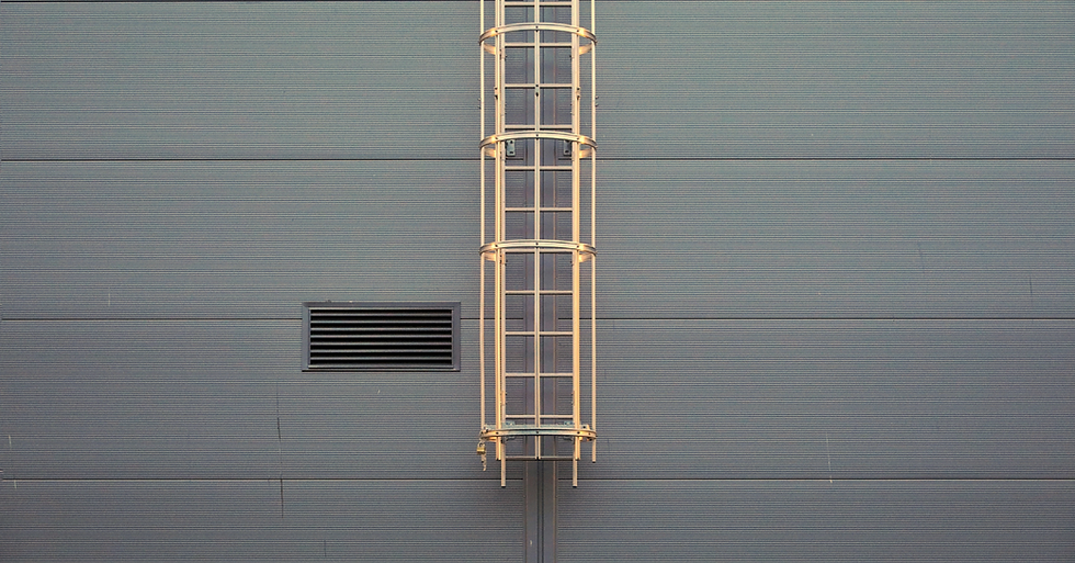 Metal ladder with a protective cage on a gray corrugated wall. Vent with horizontal slats on the left.