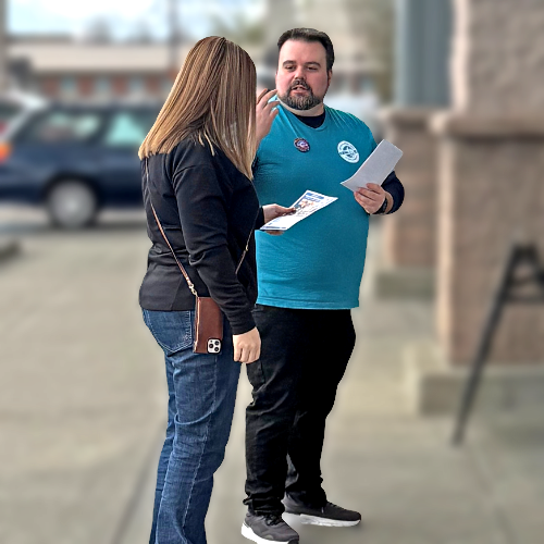 UFCW 367 member talking to a customer about their fight for a fair contract