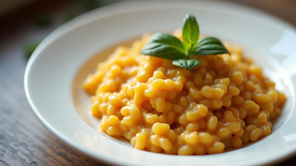 Close-up view of a creamy pumpkin risotto on a white plate