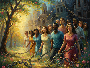 Multi-cultural and multi-racial group of people walking out of chains into freedom