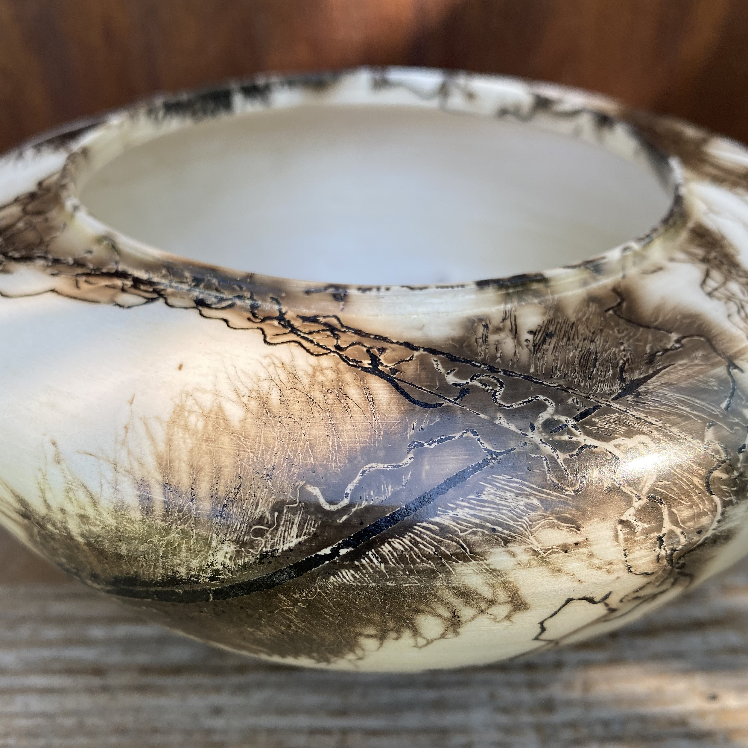 Horsehair and Feather Raku fired Vase
