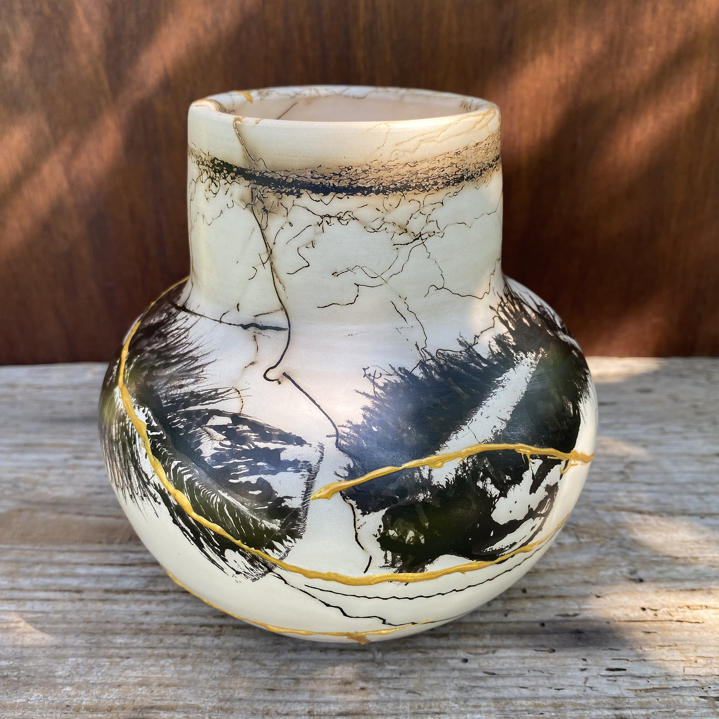 Horsehair and Feathers Raku fired Vase with Kintsugi