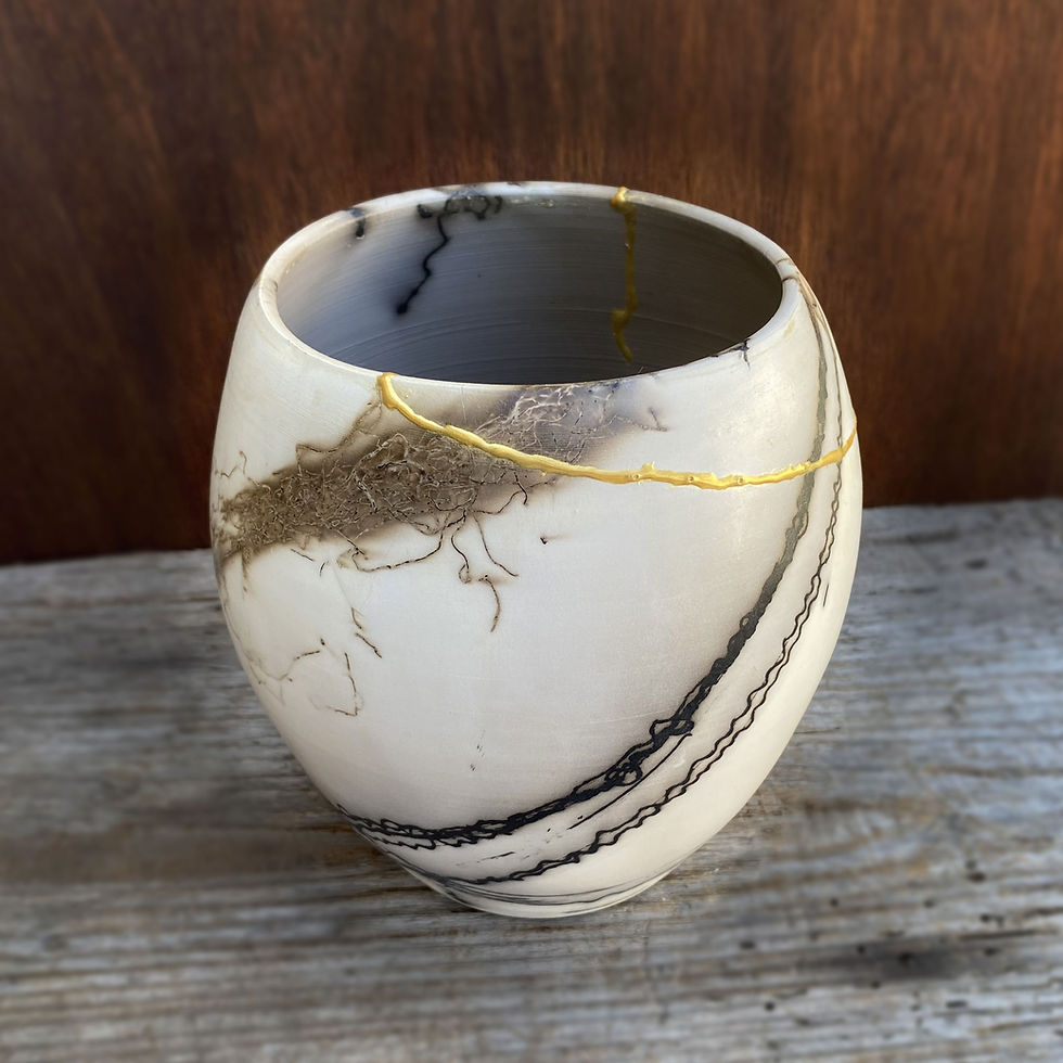 Thumbnail: Horsehair and Feathers Raku Vase with Kintsugi