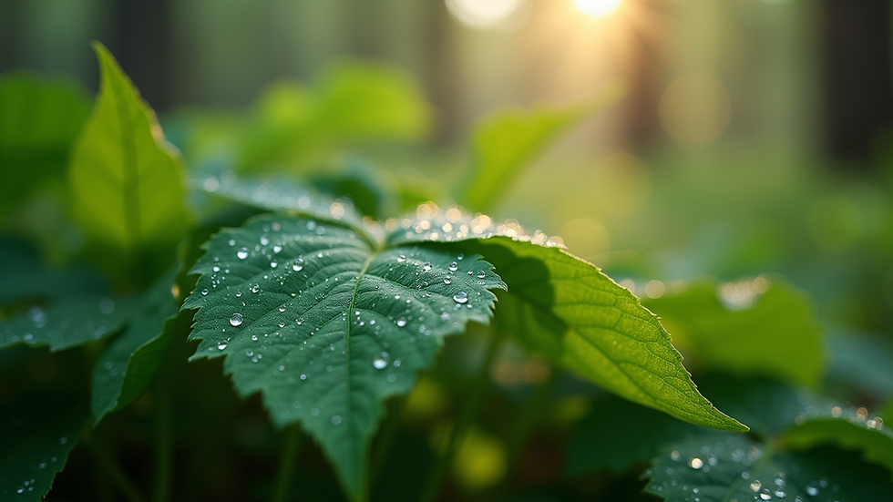 close-up view of green leaves with morning dew in a forest