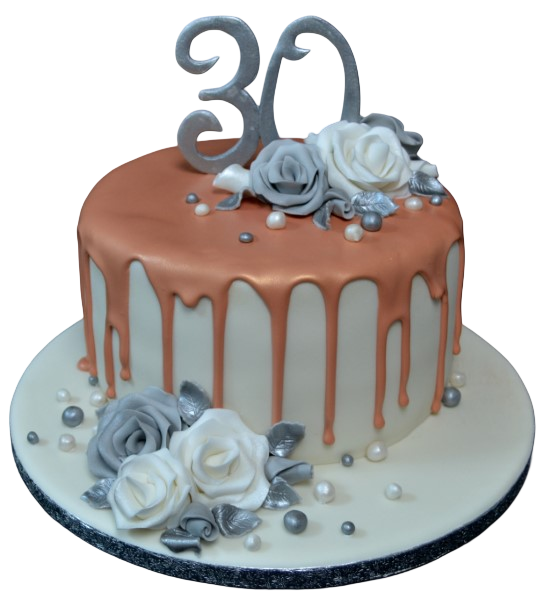 Luxurious deep drip cake adorned with elegant roses, numbers, and pearls, perfect for a special celebration.