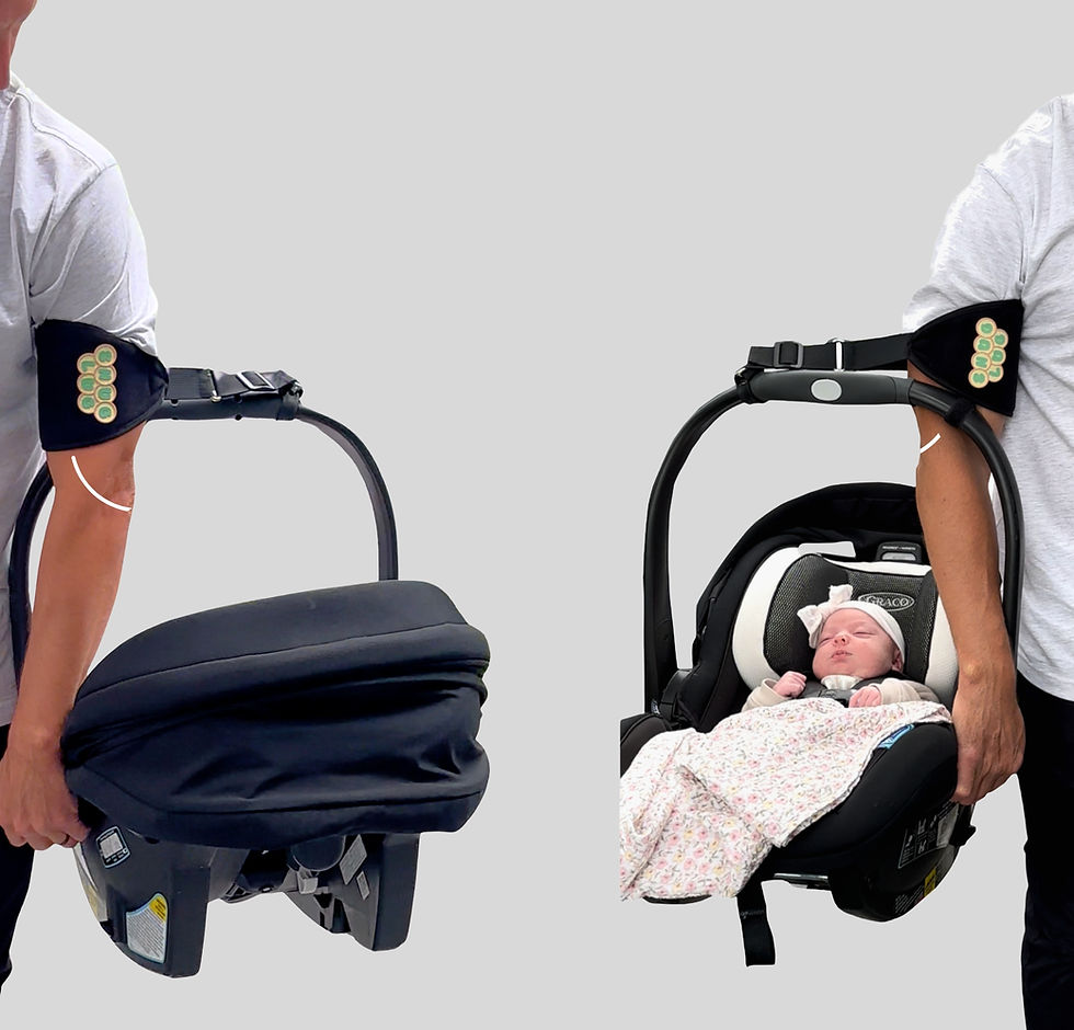 Snug lug car seat carrying aid shown using different holds and positions as a carrying aid