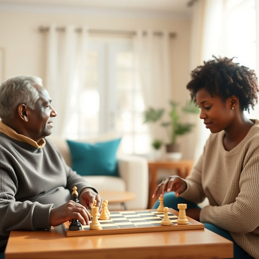 A warm, calming lifestyle background image for a senior home care website. Soft natural li