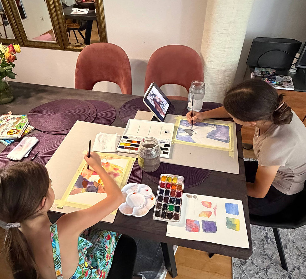 Children working on individual watercolour projects in a small group