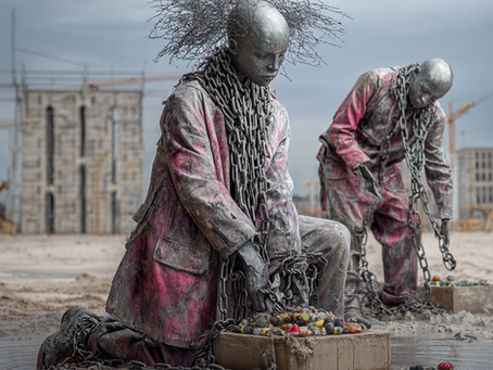 Zwei surreale, metallisch graue Skulpturenmenschen in rosa Kleidung, die schwer mit Ketten behängt sind.