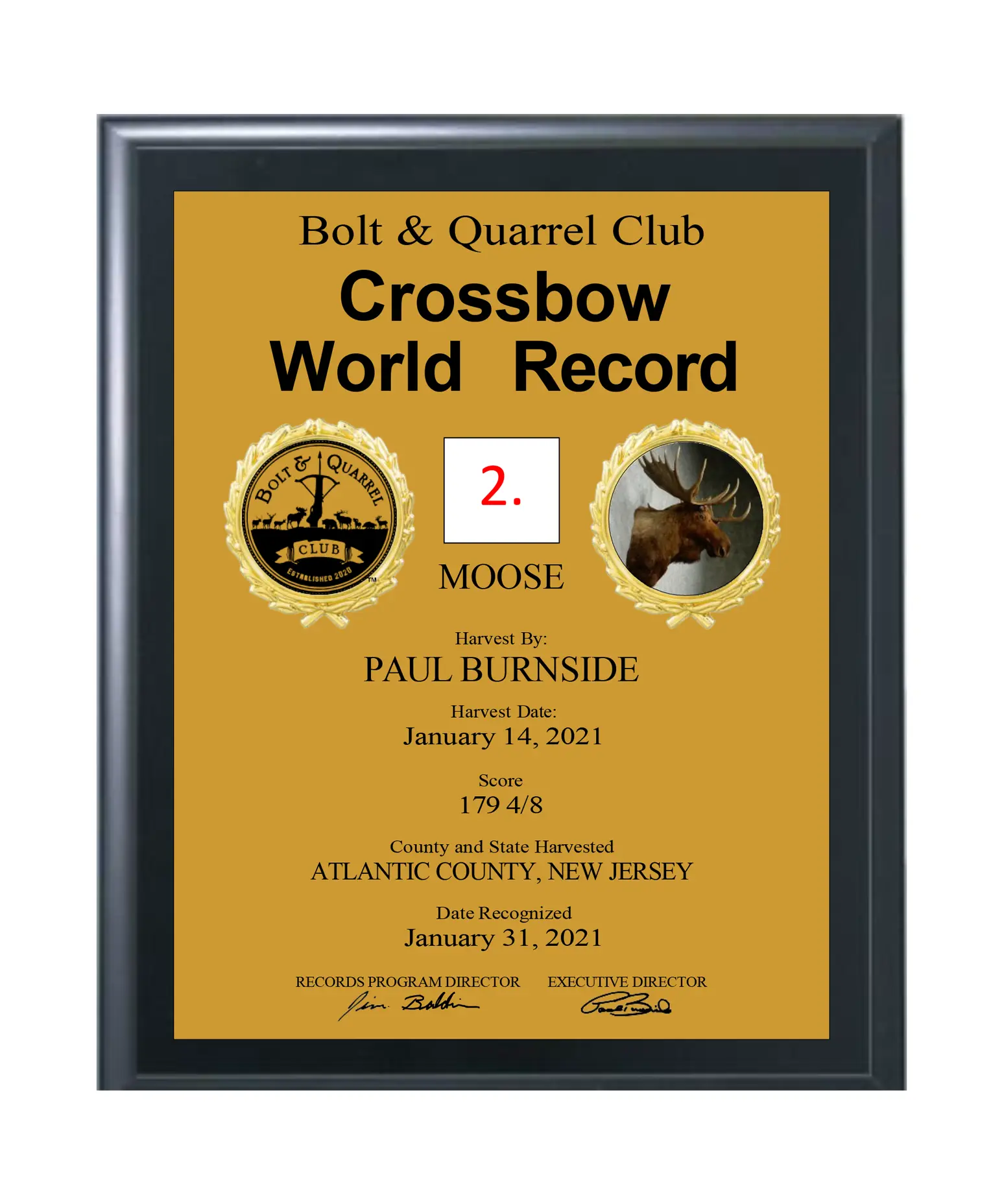 Crossbow World Record Holder Bolt & Quarrel Plaque 2 Bolt Quarrel