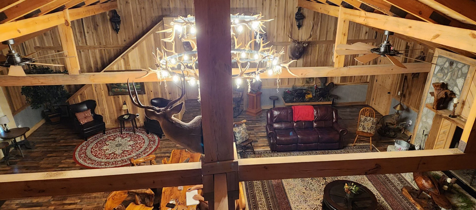 overview of living room with vaulted ceiling.