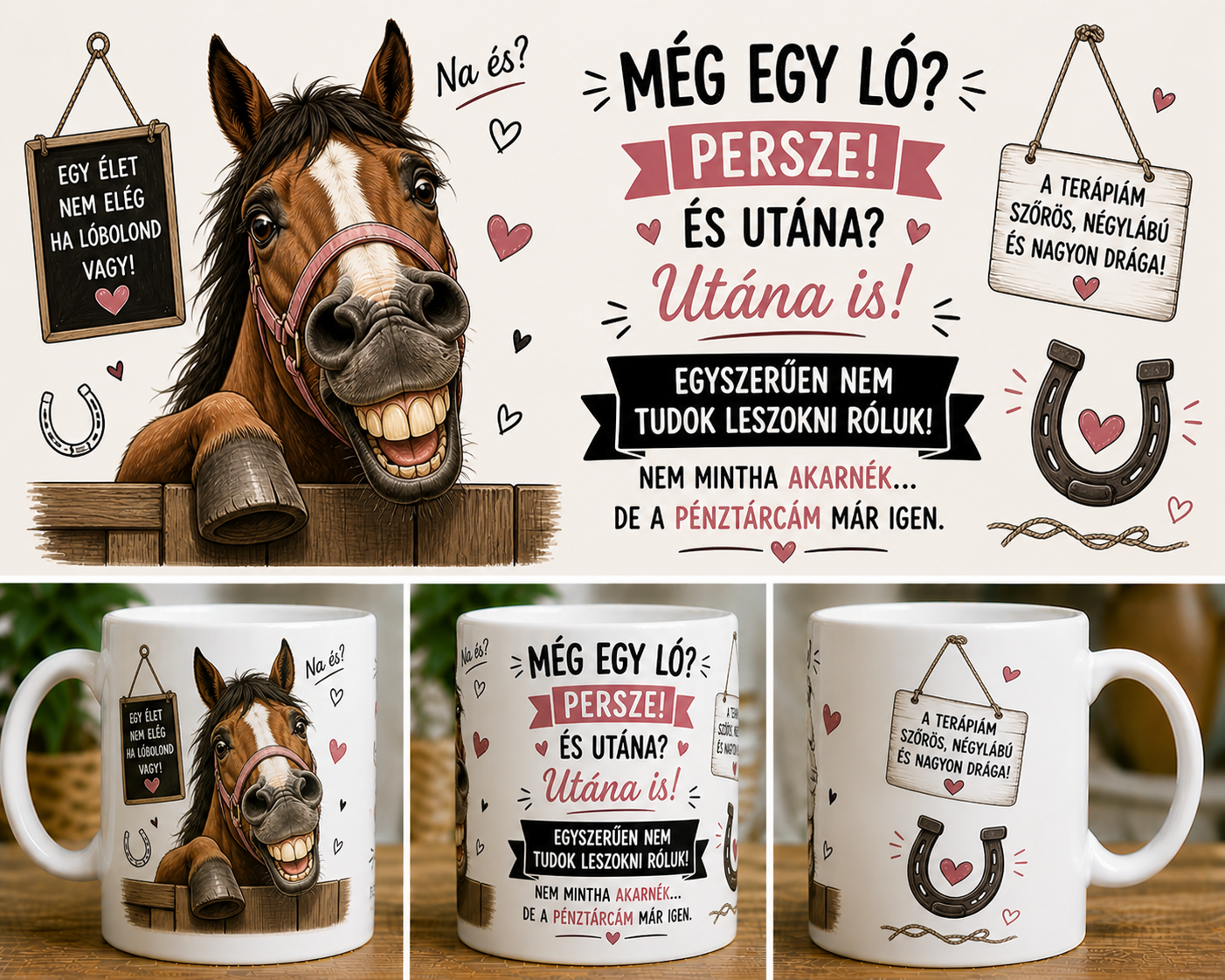 „Még egy ló? Persze!” – vicces lovas bögre
