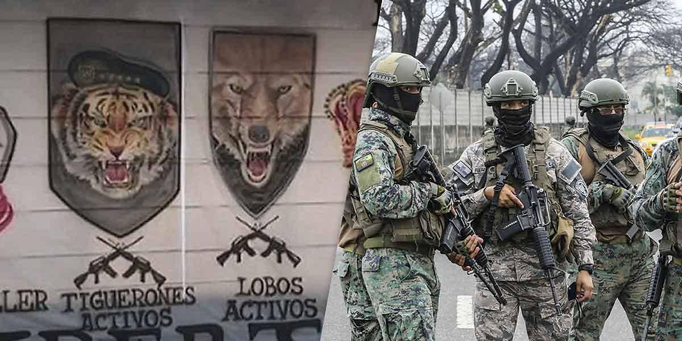 Symbols of active gangs in Ecuador alongside soldiers [Image source: Ecuavisa]