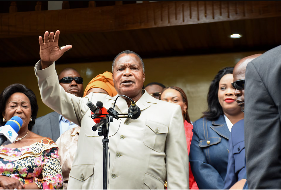 Denis Sassou Nguesso, the current president of the Republic of the Congo, speaks in Brazzaville after casting his vote during the presidential election on March 15, 2026. [Image credit: REUTERS/Roch Bouka]