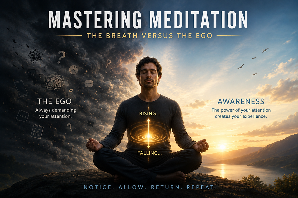 Meditating man sits between stormy dark ego and sunrise awareness; poster reads Mastering Meditation.