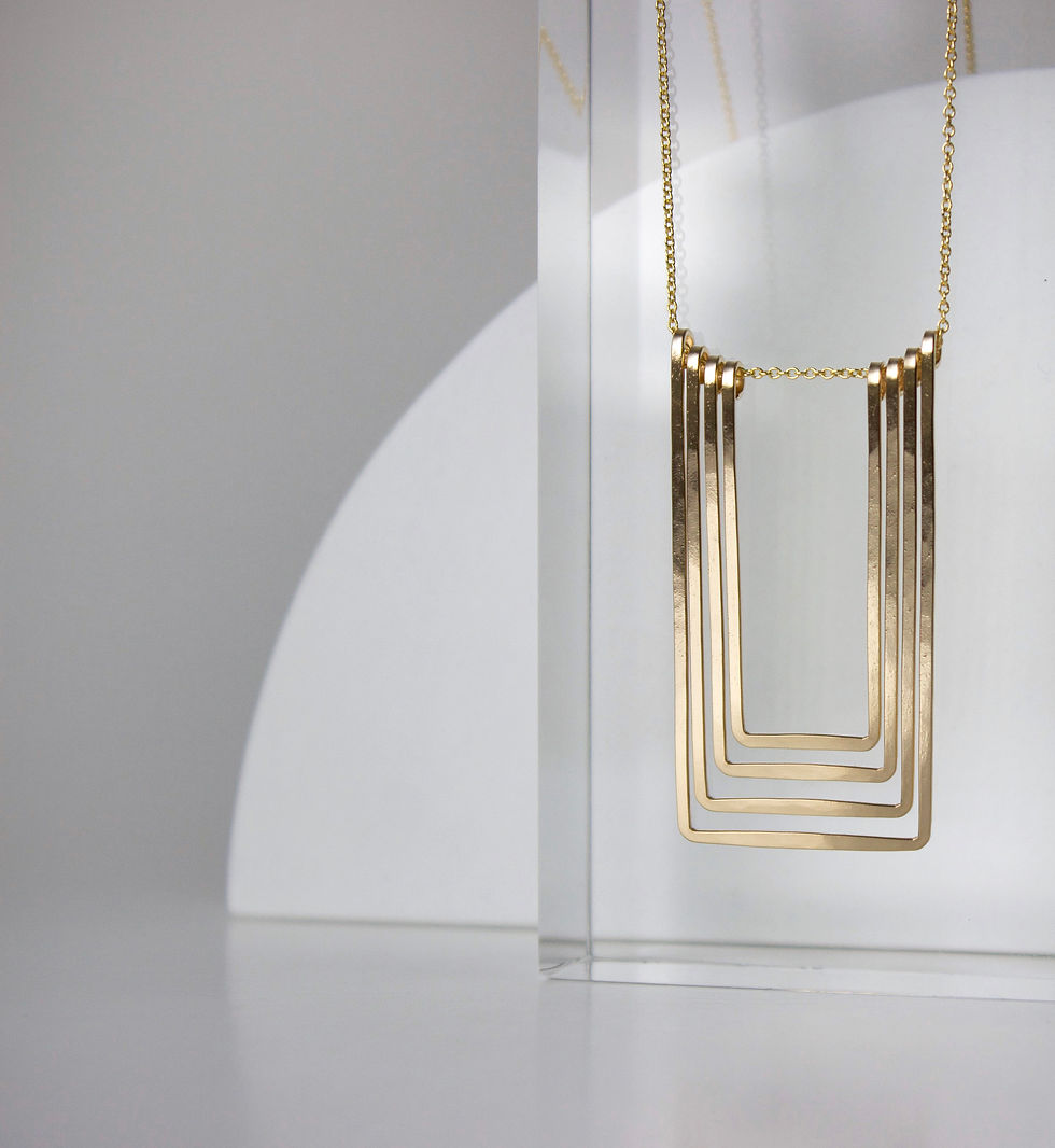 Gold Fill Rectangle necklace featuring 4 gradients of rectangles nestled inside each other. It has a tiered effect, art deco in style. 