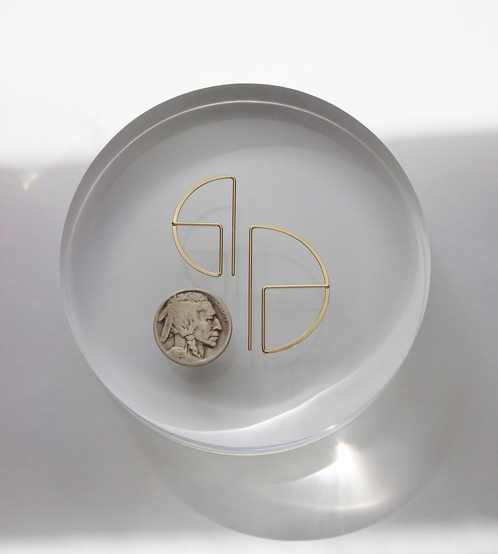 Thumbnail: Small and large versions of the gold round profile earrings next to one another, also showing is a buffalo nickel for size perspective. 
Nickel takes up approximately 2/3rds the length of the small version, and approximately 1/2 the length of the large version. 