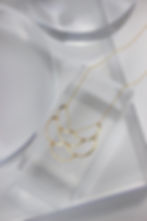 Gold fill necklace on various clear, resin geometric props. The necklace design features six Interwoven hammered gold wire crescents, creating a scale like effect.