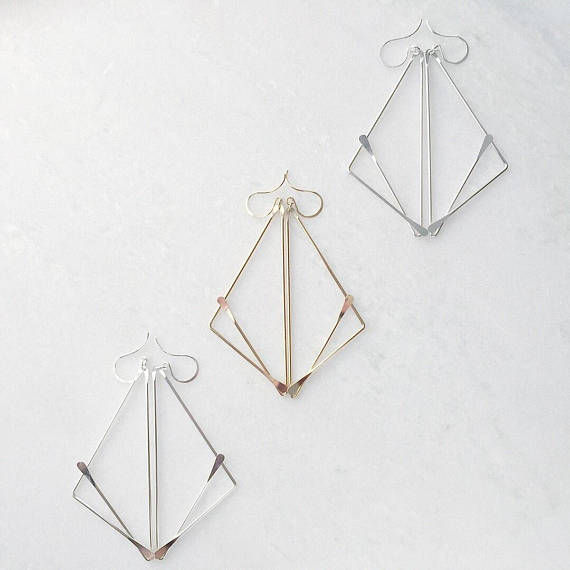 Silver and Gold Fill Geometric Fox Earrings (abstract). 