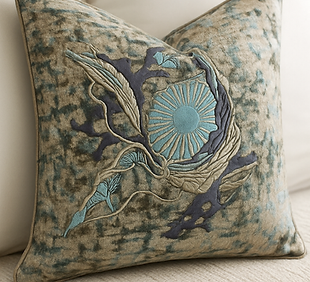 Embroidered Sun and Ginkgo Pillow Detail.png