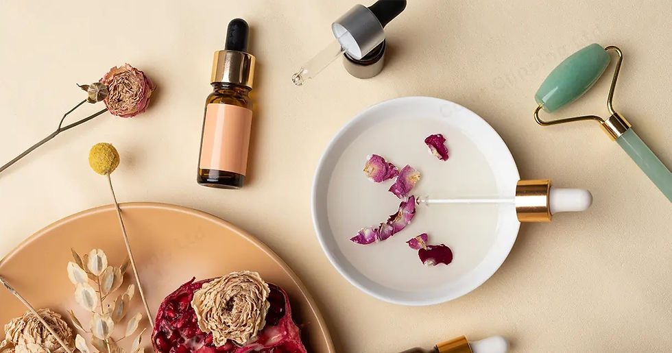 Skincare items on beige surface: jade roller, flower extracts in a bowl, dropper with rose petals, amber dropper bottle, and dried flowers.