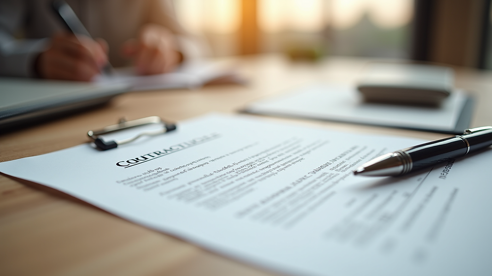 Close-up view of a contract and pen on a wooden table during home buying process