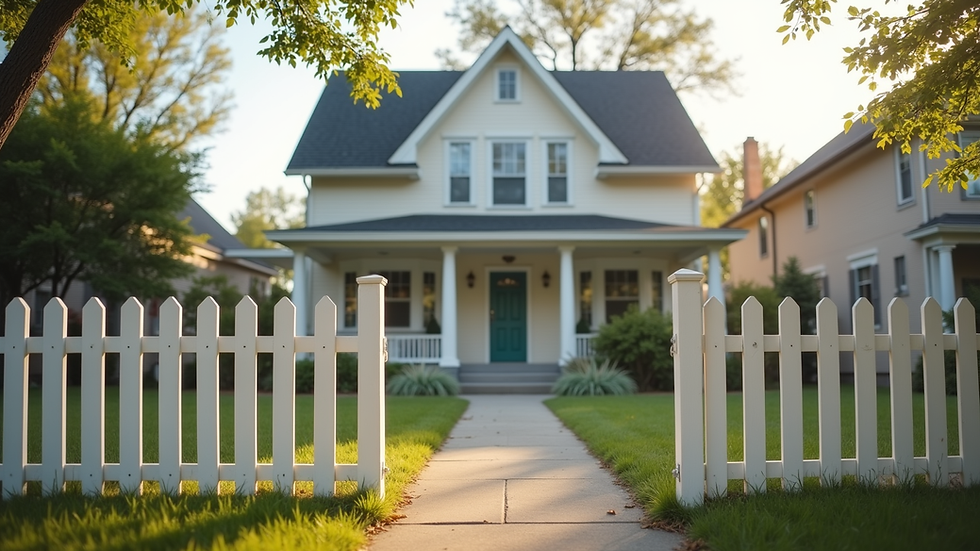 Eye-level view of a cozy suburban home with a white picket fence